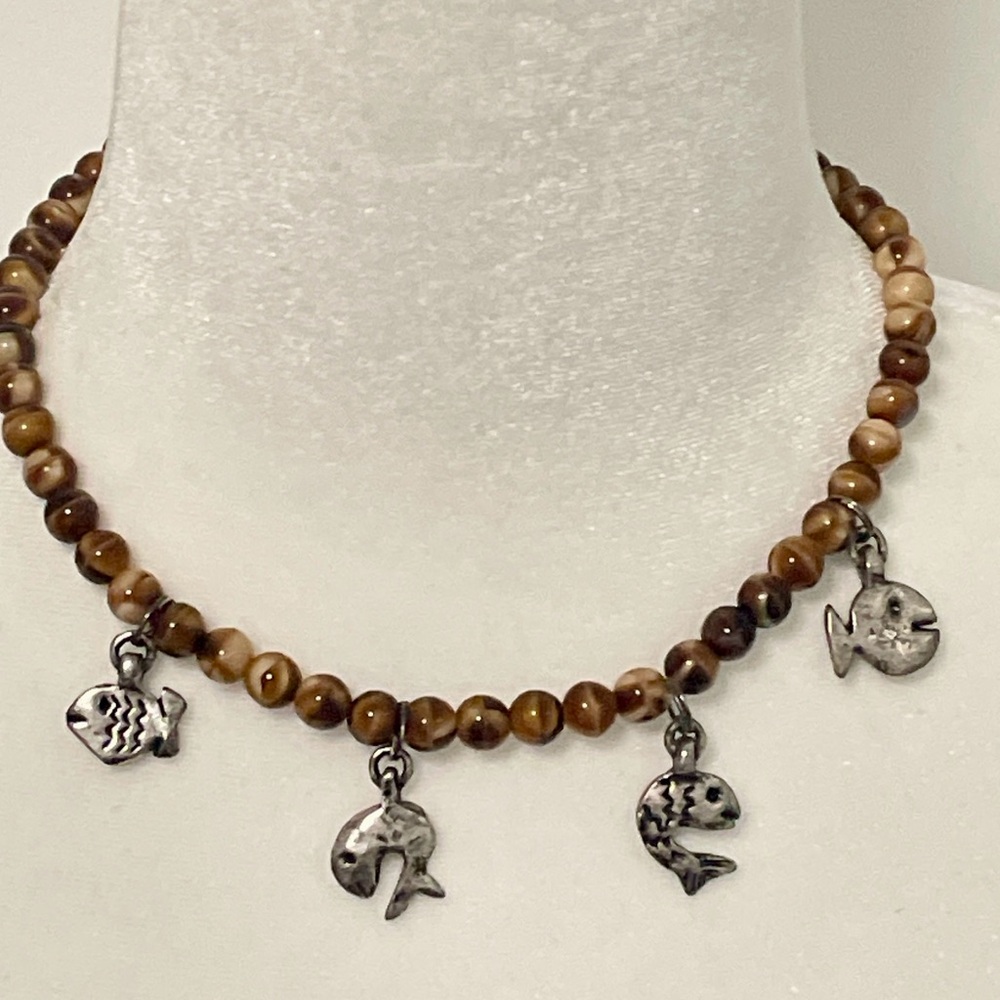 METAL POINTUS PARIS Necklace Tiger Eye Fish Charms Industrial Boho Modernist